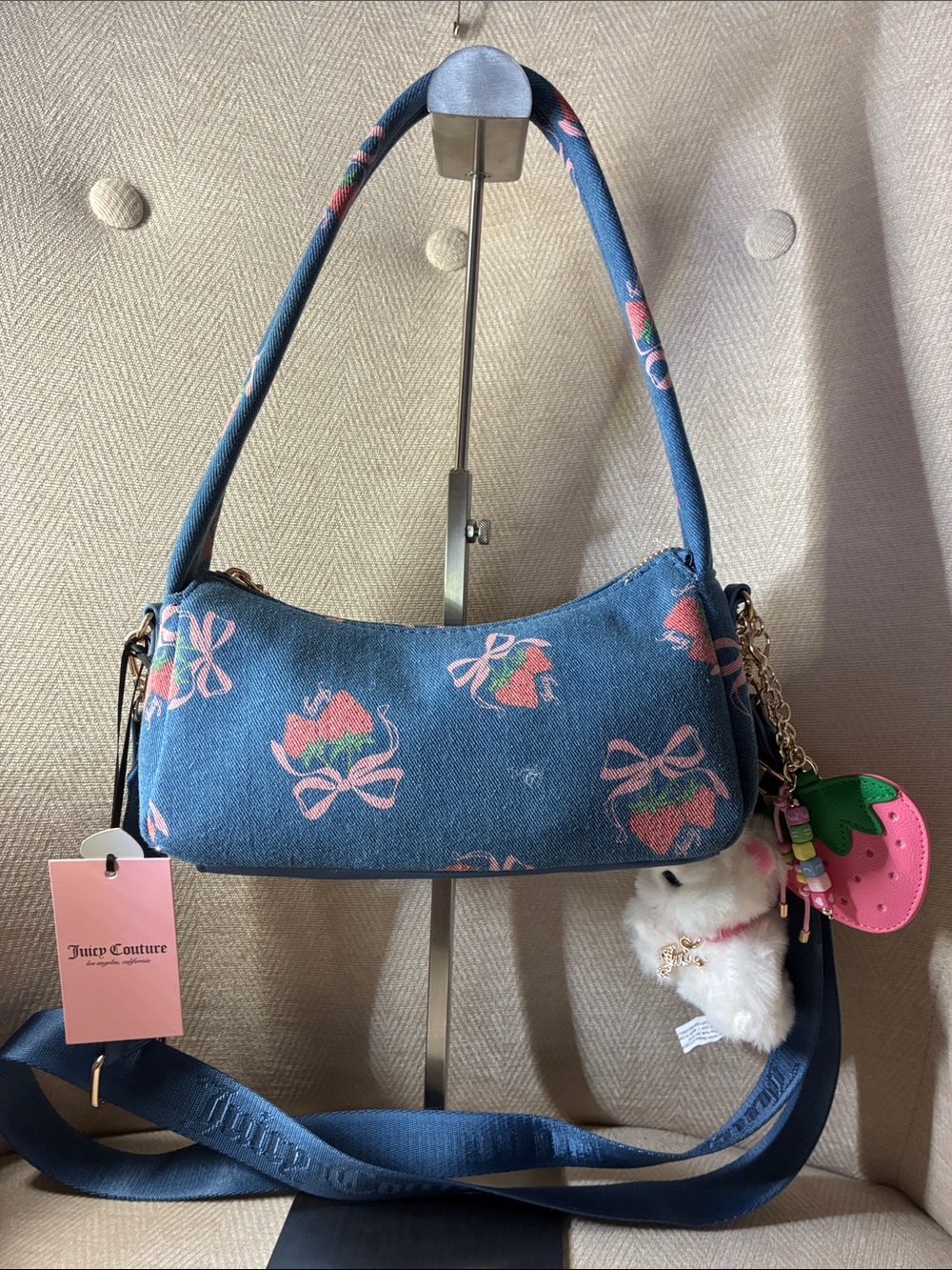 Juicy Couture Blue Denim Floral Bow Shoulder Bag with Strawberry Charm - Picture 1 of 12